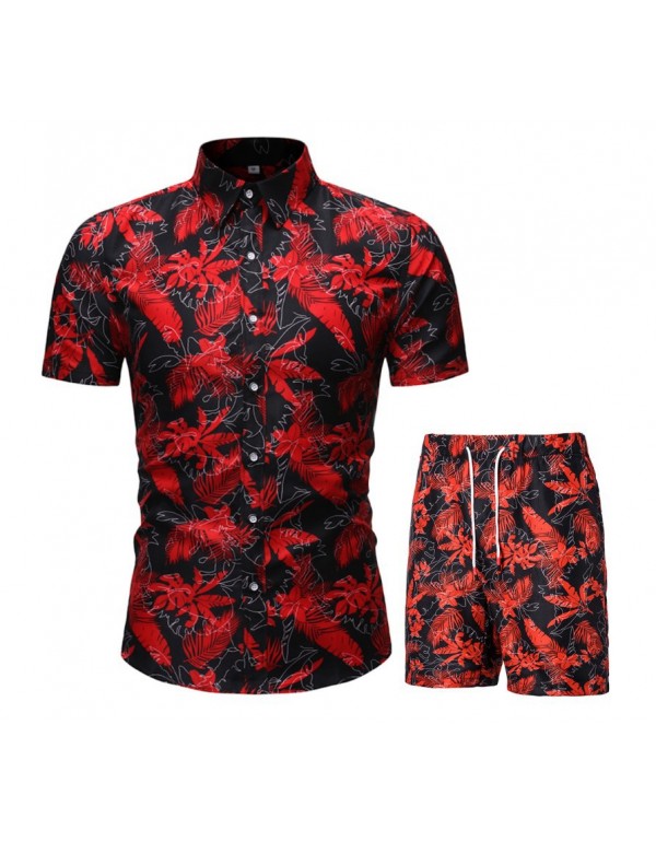 Men Casual Printed Lapel Short Sleeve Large Size Loose Shirt And Shorts Two-Piece Set