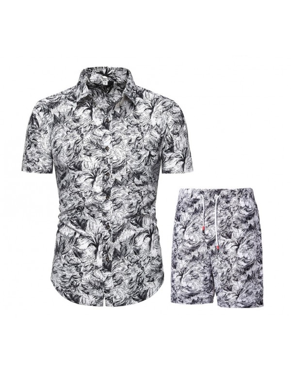 Men Casual Printed Lapel Short Sleeve Large Size Loose Shirt And Shorts Two-Piece Set