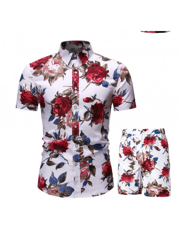 Men Casual Printed Lapel Short Sleeve Large Size Loose Shirt And Shorts Two-Piece Set