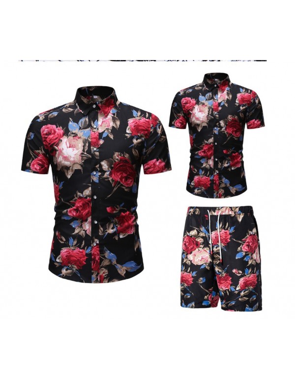 Men Casual Printed Lapel Short Sleeve Large Size Loose Shirt And Shorts Two-Piece Set