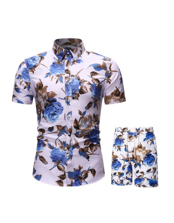 Men Casual Printed Lapel Short Sleeve Large Size Loose Shirt And Shorts Two-Piece Set