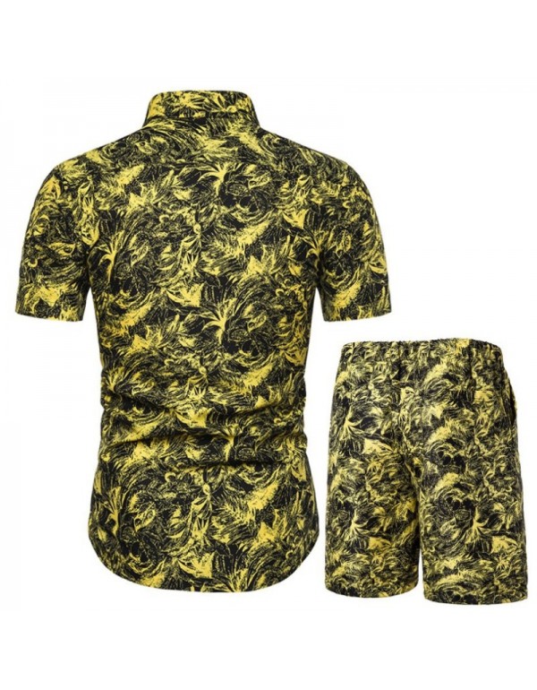 Men Casual Printed Lapel Short Sleeve Large Size Loose Shirt And Shorts Two-Piece Set