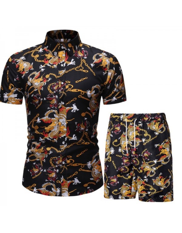 Men Casual Printed Lapel Short Sleeve Large Size Loose Shirt And Shorts Two-Piece Set