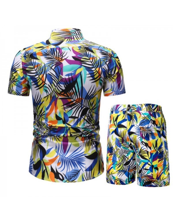 Men Casual Printed Lapel Short Sleeve Large Size Loose Shirt And Shorts Two-Piece Set