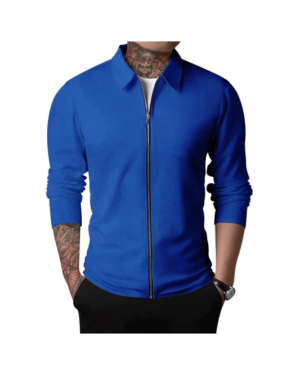 Men Spring Autumn Fashion Casual Solid Color Waffle Lapel Zipper Long Sleeve Plus Size Coat