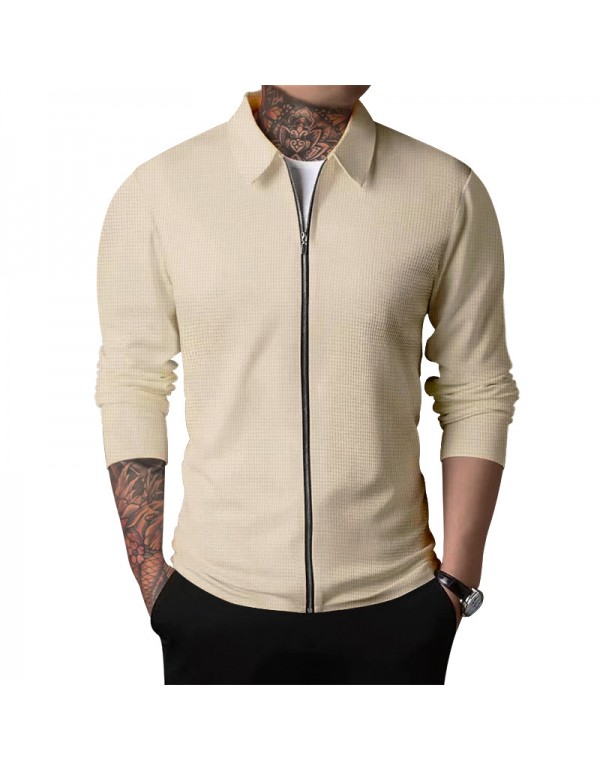 Men Spring Autumn Fashion Casual Solid Color Waffle Lapel Zipper Long Sleeve Plus Size Coat