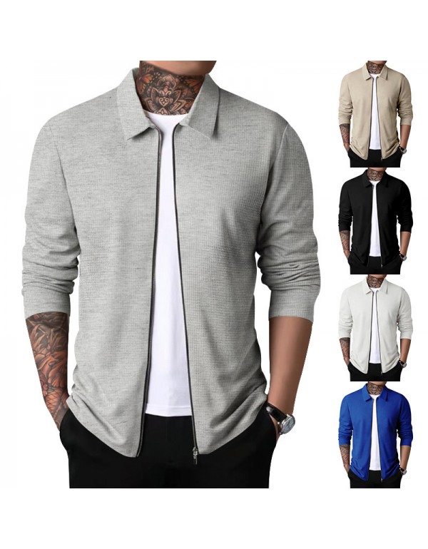 Men Spring Autumn Fashion Casual Solid Color Waffle Lapel Zipper Long Sleeve Plus Size Coat