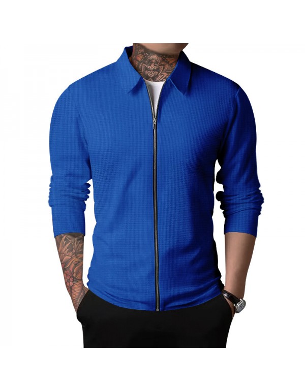 Men Spring Autumn Fashion Casual Solid Color Waffle Lapel Zipper Long Sleeve Plus Size Coat