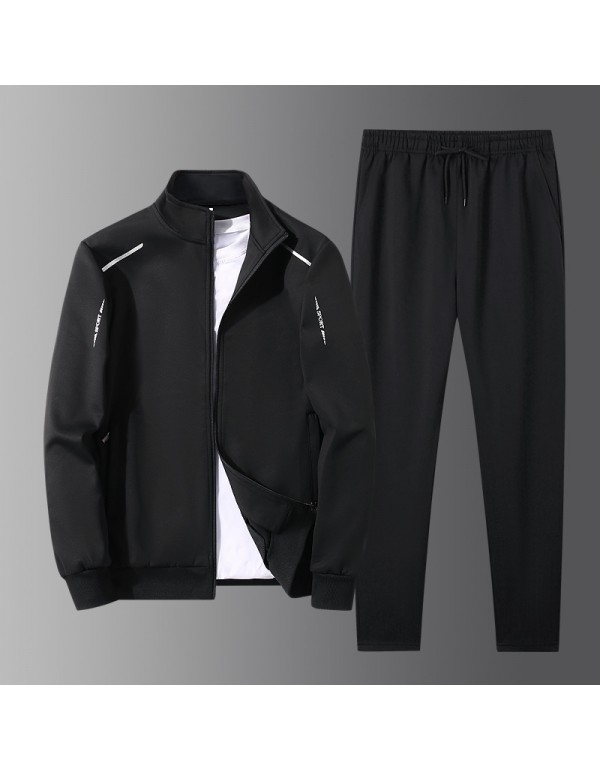 Men Spring Autumn Casual Sports Solid Color Long Sleeve Zipper Coat Pants Plus Size Sets