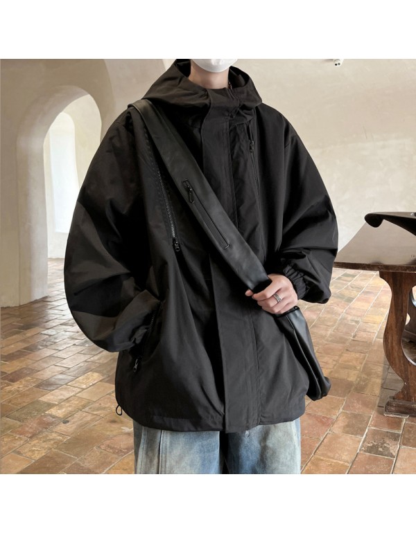 Men Spring Autumn Casual Sports Versatile Solid Color Plus Size Hooded Turtle Neck Cargo Coat