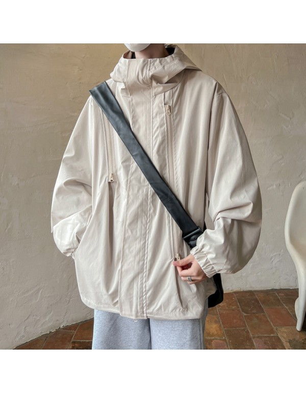 Men Spring Autumn Casual Sports Versatile Solid Color Plus Size Hooded Turtle Neck Cargo Coat