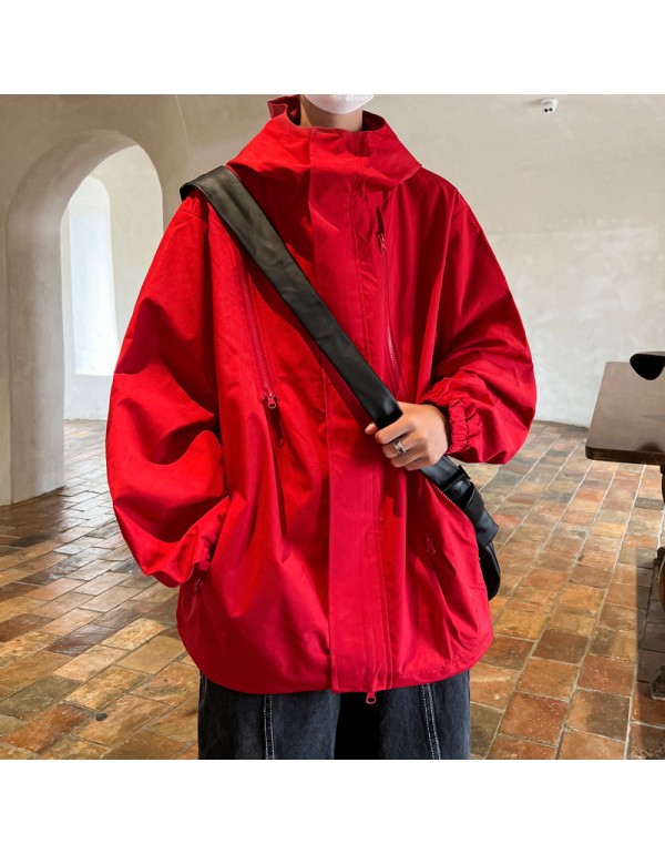 Men Spring Autumn Casual Sports Versatile Solid Color Plus Size Hooded Turtle Neck Cargo Coat