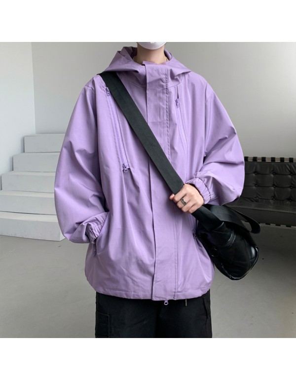 Men Spring Autumn Casual Sports Versatile Solid Color Plus Size Hooded Turtle Neck Cargo Coat