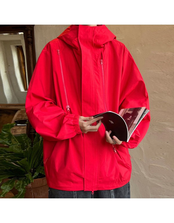 Men Spring Autumn Casual Sports Versatile Solid Color Plus Size Hooded Turtle Neck Cargo Coat