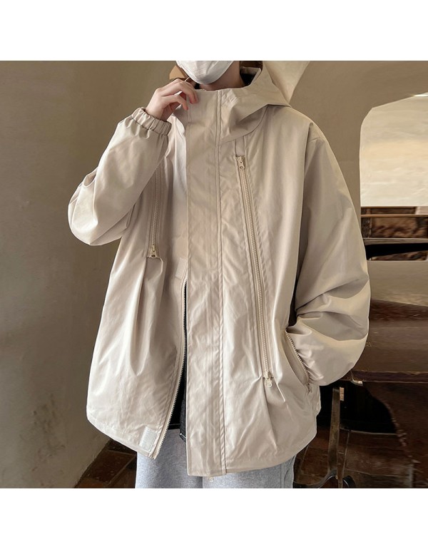 Men Spring Autumn Casual Sports Versatile Solid Color Plus Size Hooded Turtle Neck Cargo Coat