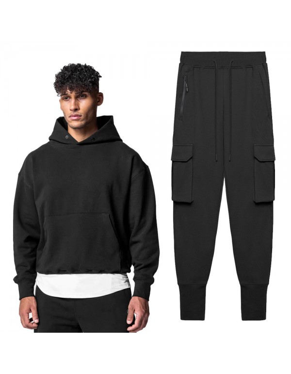 Men Fashion Casual Basic Solid Color Long Sleeve Hoodies Trousers Set