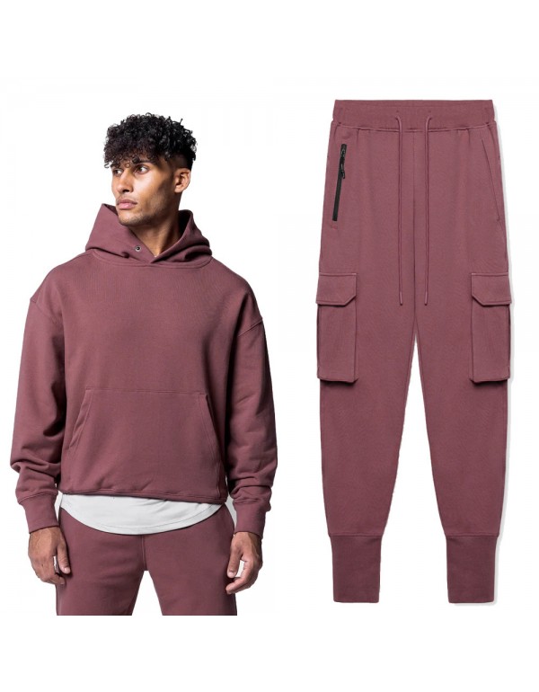 Men Fashion Casual Basic Solid Color Long Sleeve Hoodies Trousers Set