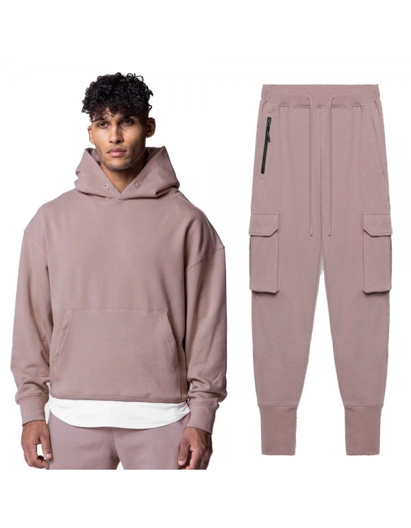 Men Fashion Casual Basic Solid Color Long Sleeve Hoodies Trousers Set