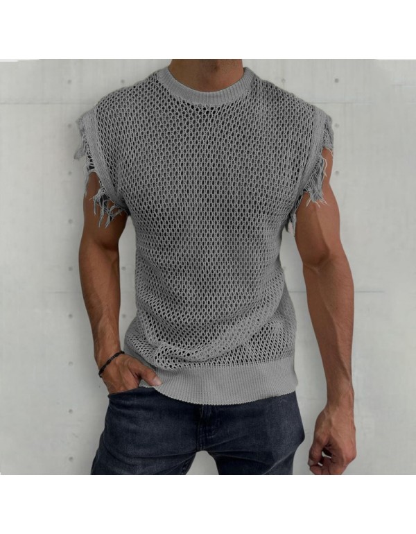 Men Leisure Sports Fitness Basic Solid Color Hollow Knitwear Round Neck Tank Top