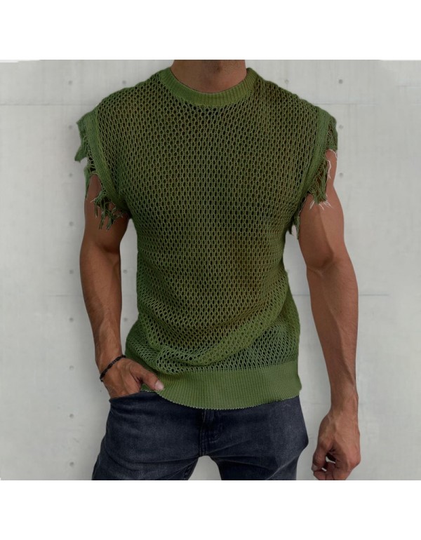 Men Leisure Sports Fitness Basic Solid Color Hollow Knitwear Round Neck Tank Top