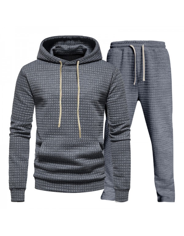 Men Fashion Casual Jacquard Plaid Hoodie Pantas Casual Sports Set