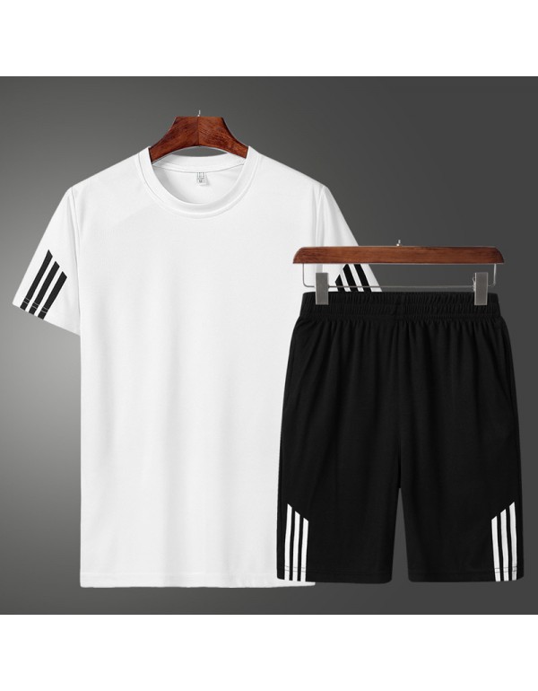 Men Casual Sport Stripe Print Plus Size Short Sleeve Round Neck T-Shirt Shorts Set