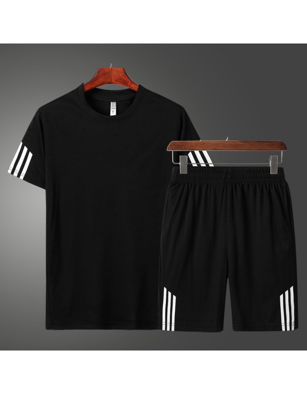 Men Casual Sport Stripe Print Plus Size Short Sleeve Round Neck T-Shirt Shorts Set