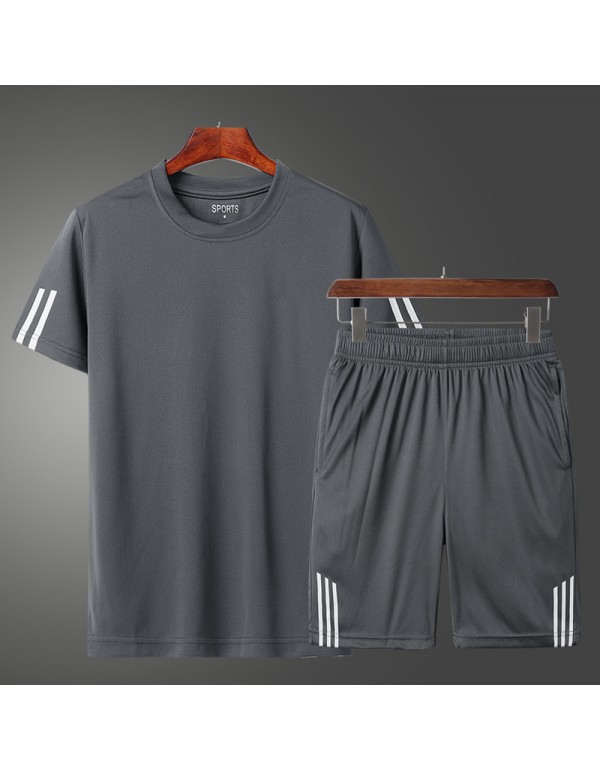 Men Casual Sport Stripe Print Plus Size Short Sleeve Round Neck T-Shirt Shorts Set