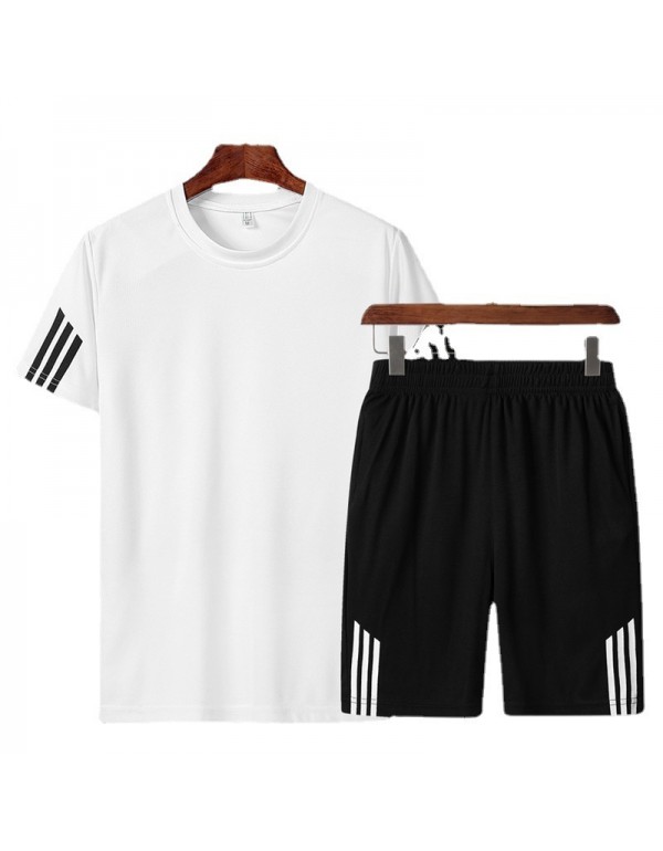 Men Casual Sport Stripe Print Plus Size Short Sleeve Round Neck T-Shirt Shorts Set