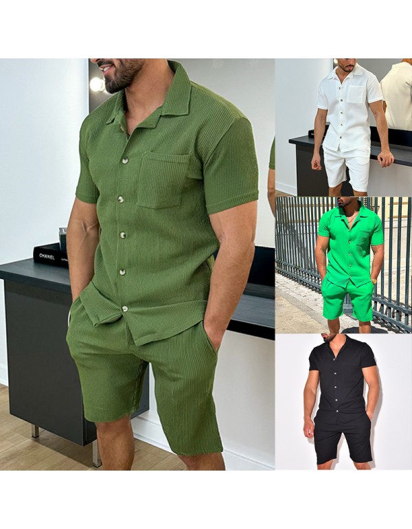 Men Fashion Casual Solid Color Stripe Short Sleeve...