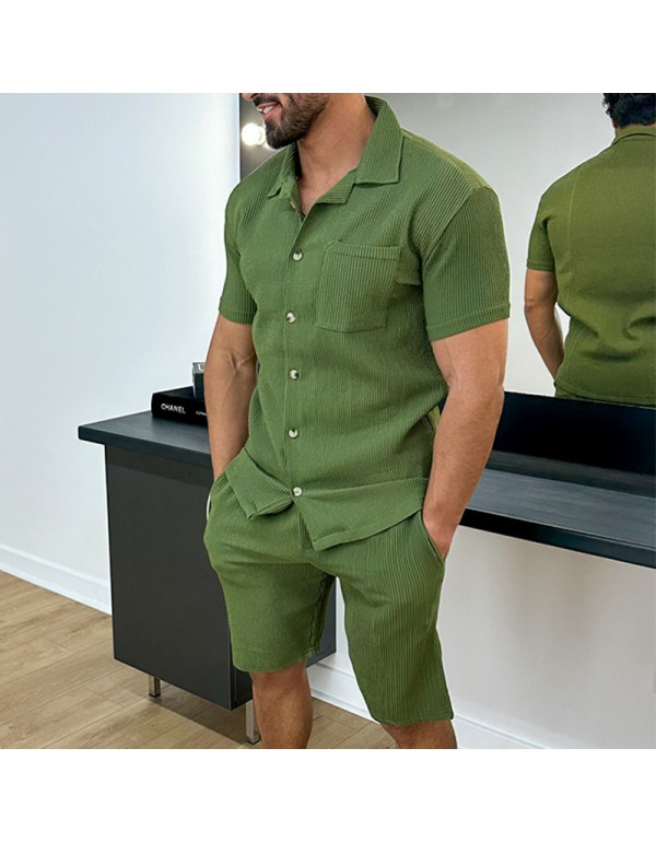 Men Fashion Casual Solid Color Stripe Short Sleeve Lapel Shirt Shorts Set