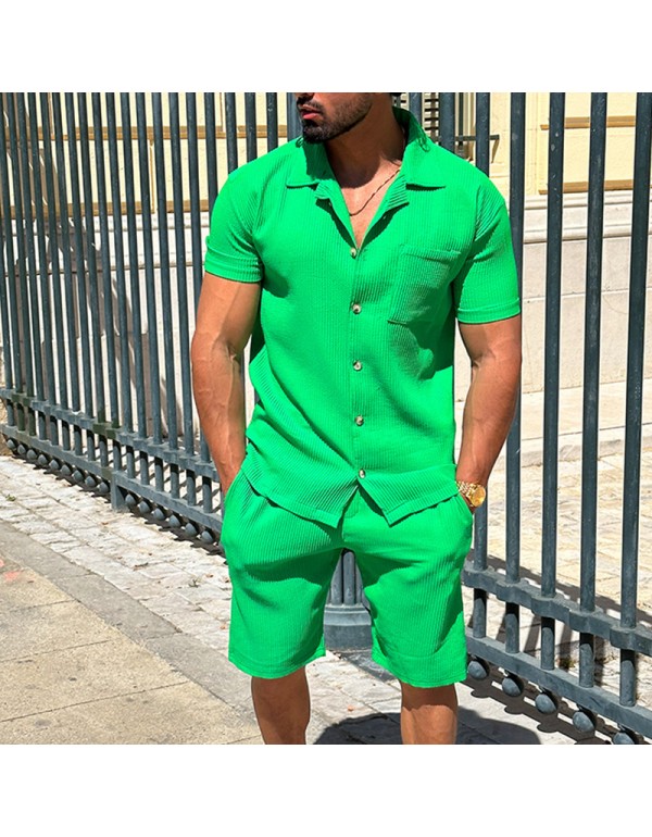 Men Fashion Casual Solid Color Stripe Short Sleeve Lapel Shirt Shorts Set