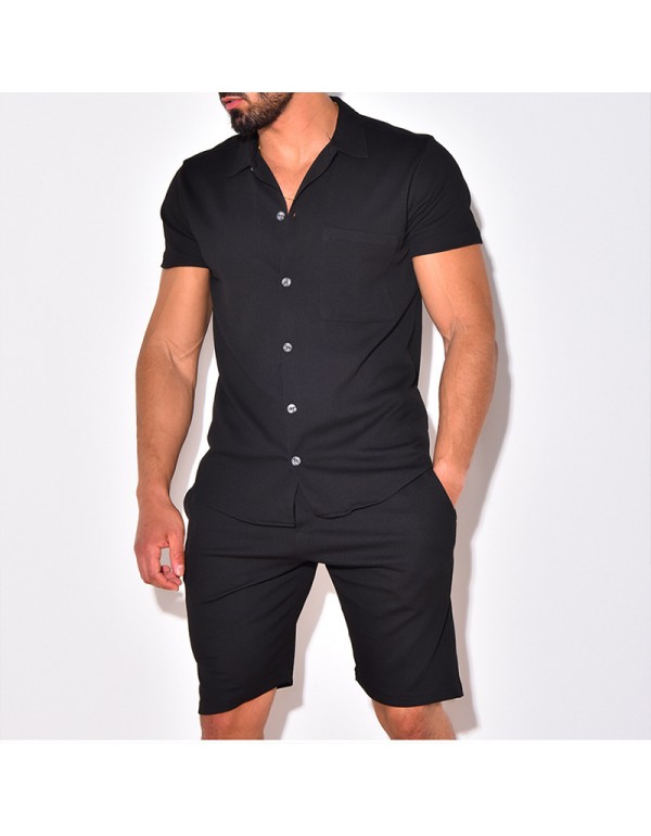 Men Fashion Casual Solid Color Stripe Short Sleeve Lapel Shirt Shorts Set