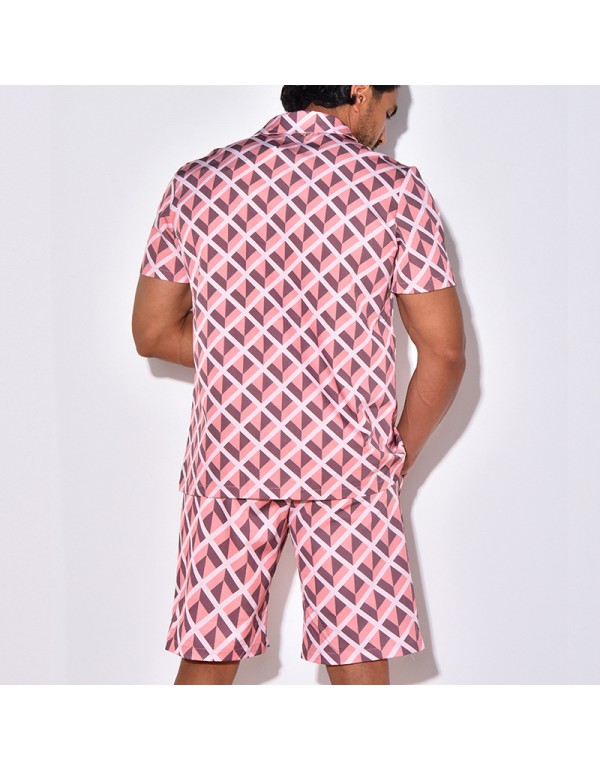 Men Fashion Casual Geometric Print Short Sleeve Lapel Shirt Shorts Set