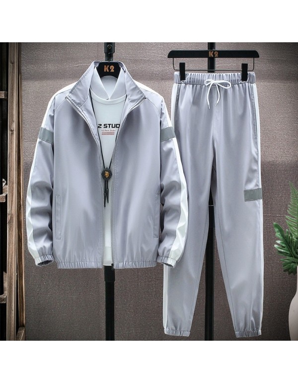 Men Casual Sport Plus Size Long Sleeve Stand Collar Zipper Coat Trousers Set