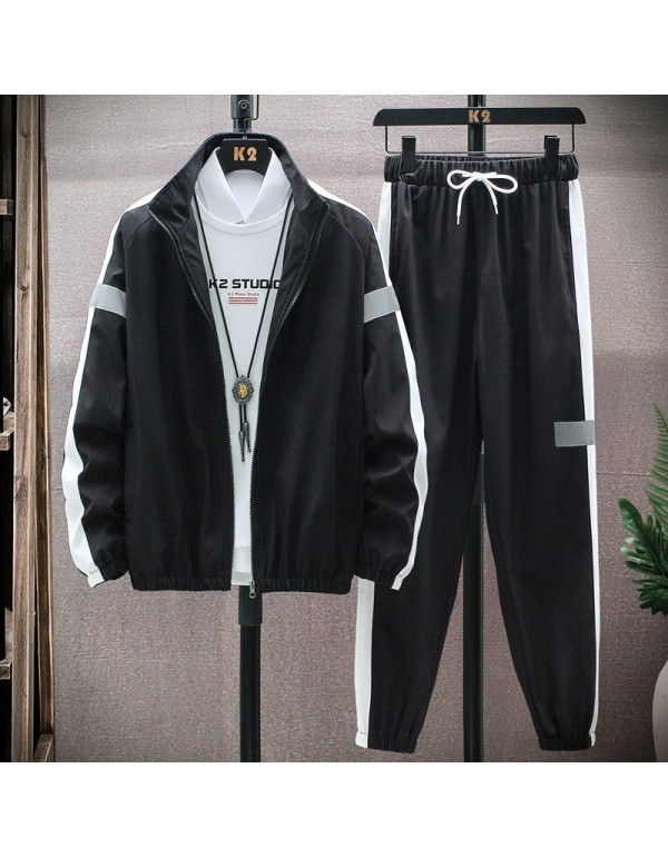 Men Casual Sport Plus Size Long Sleeve Stand Collar Zipper Coat Trousers Set