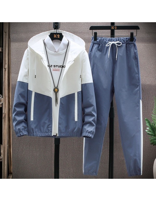 Men Casual Sport Plus Size Long Sleeve Stand Collar Zipper Coat Trousers Set