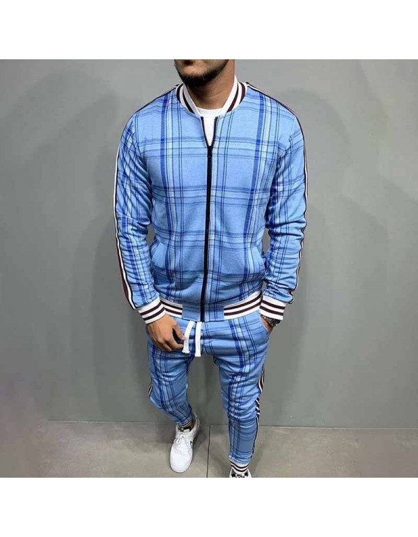 Men Spring Autumn Leisure Sports Plaid Plus Size Long Sleeve Zipper Coat Trousers Set