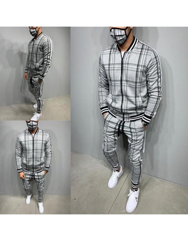 Men Spring Autumn Leisure Sports Plaid Plus Size Long Sleeve Zipper Coat Trousers Set