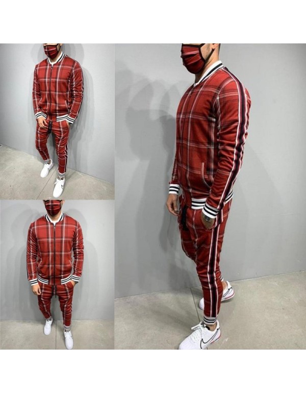 Men Spring Autumn Leisure Sports Plaid Plus Size Long Sleeve Zipper Coat Trousers Set