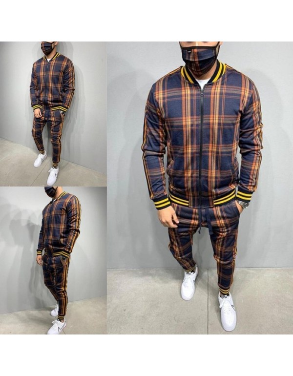 Men Spring Autumn Leisure Sports Plaid Plus Size Long Sleeve Zipper Coat Trousers Set