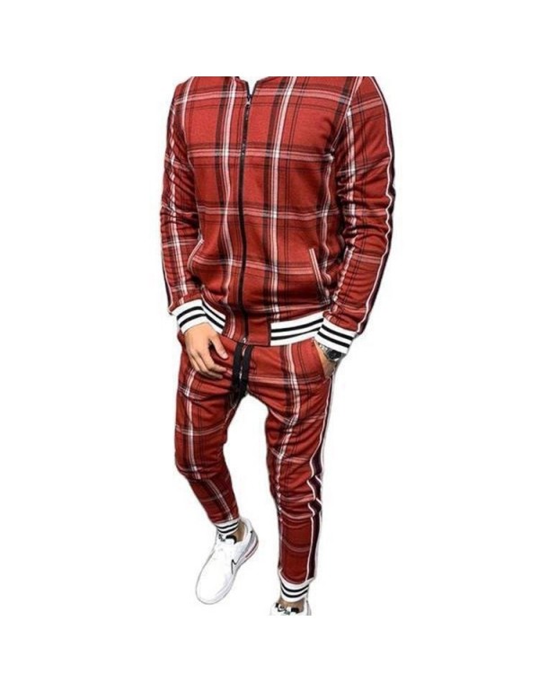 Men Spring Autumn Leisure Sports Plaid Plus Size Long Sleeve Zipper Coat Trousers Set