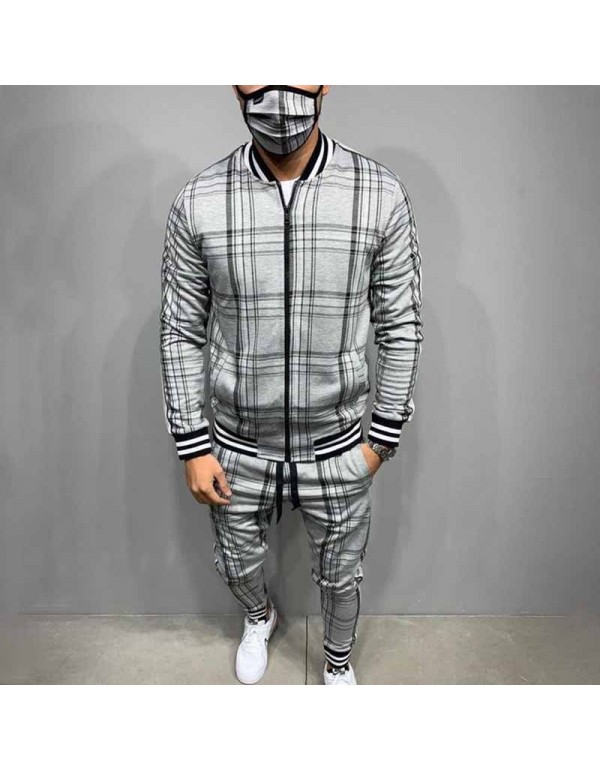 Men Spring Autumn Leisure Sports Plaid Plus Size Long Sleeve Zipper Coat Trousers Set