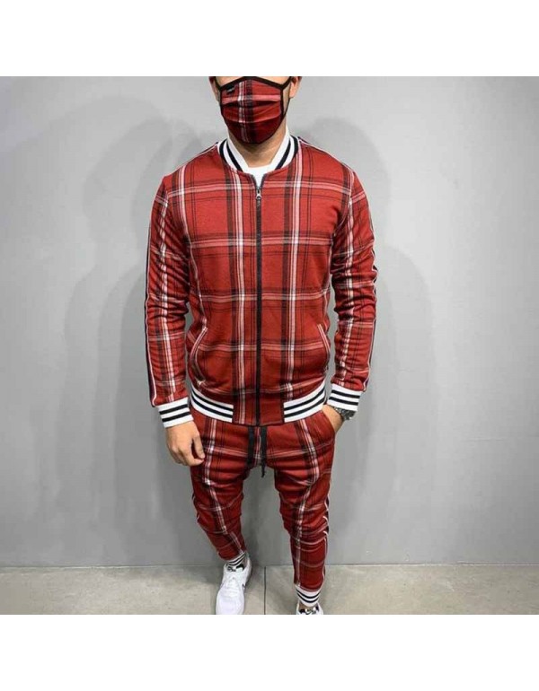 Men Spring Autumn Leisure Sports Plaid Plus Size Long Sleeve Zipper Coat Trousers Set