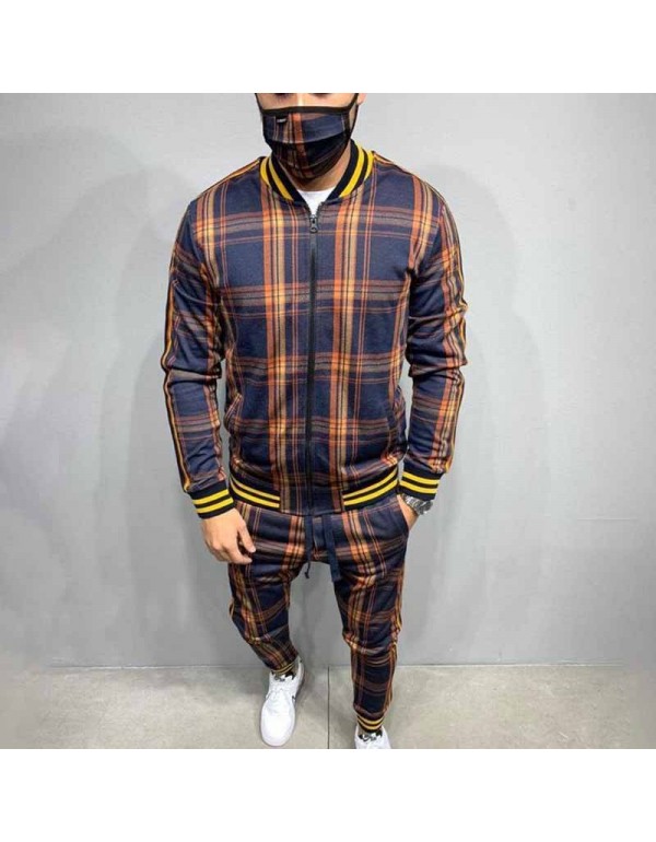 Men Spring Autumn Leisure Sports Plaid Plus Size Long Sleeve Zipper Coat Trousers Set