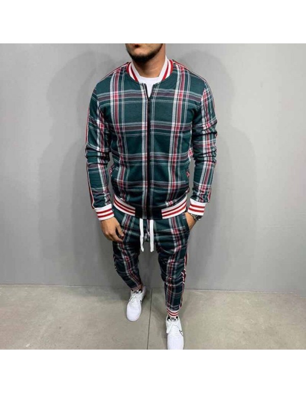 Men Spring Autumn Leisure Sports Plaid Plus Size Long Sleeve Zipper Coat Trousers Set