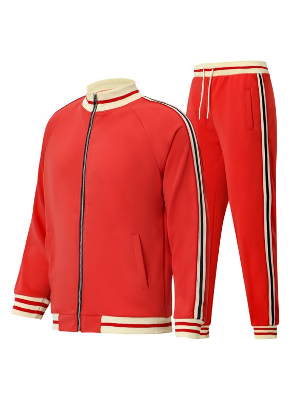 Men Spring Autumn Casual Sports Stripe Long Sleeve Stand Collar Coat Trousers Set