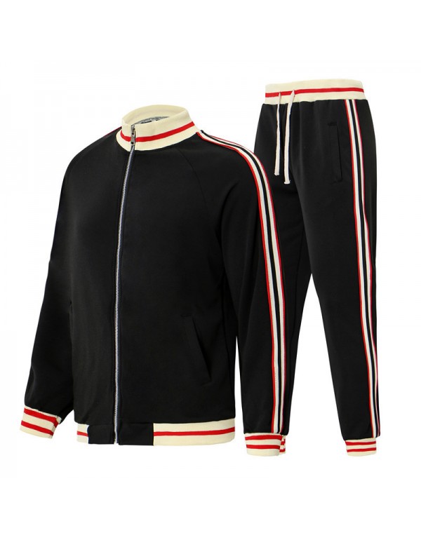 Men Spring Autumn Casual Sports Stripe Long Sleeve Stand Collar Coat Trousers Set