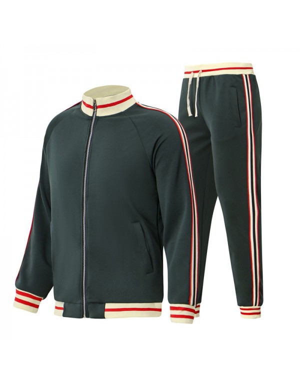 Men Spring Autumn Casual Sports Stripe Long Sleeve Stand Collar Coat Trousers Set