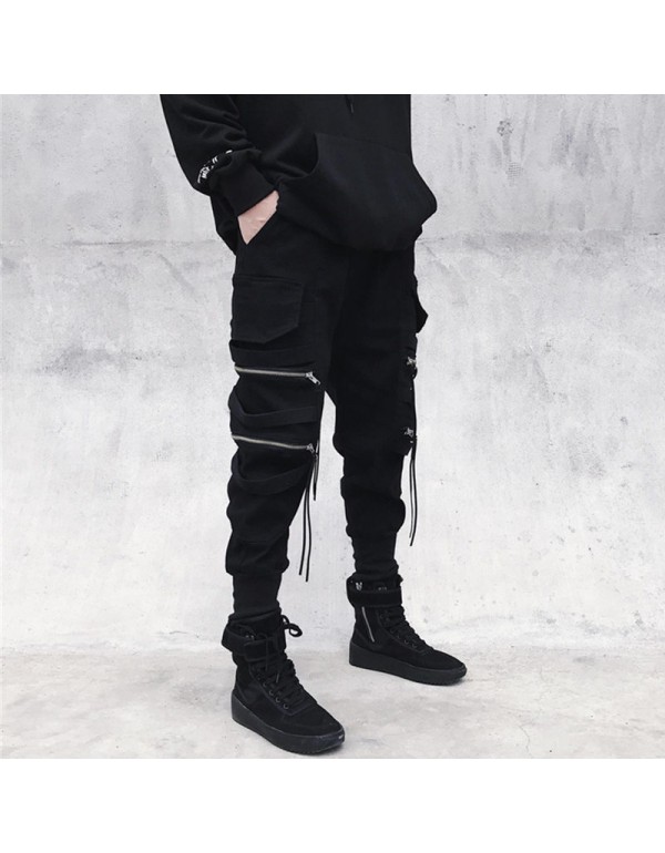 Men Fashion Casual Hiphop Zipper Jogger Cargo Pants